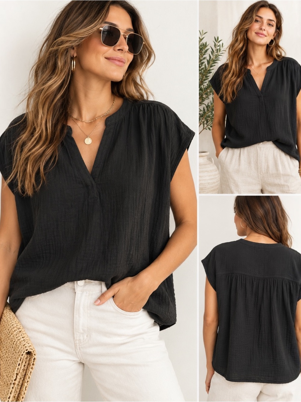 Old Navy Crinkle Gauze Popover Top XL Black 100% Cotton Split V Neck NWT